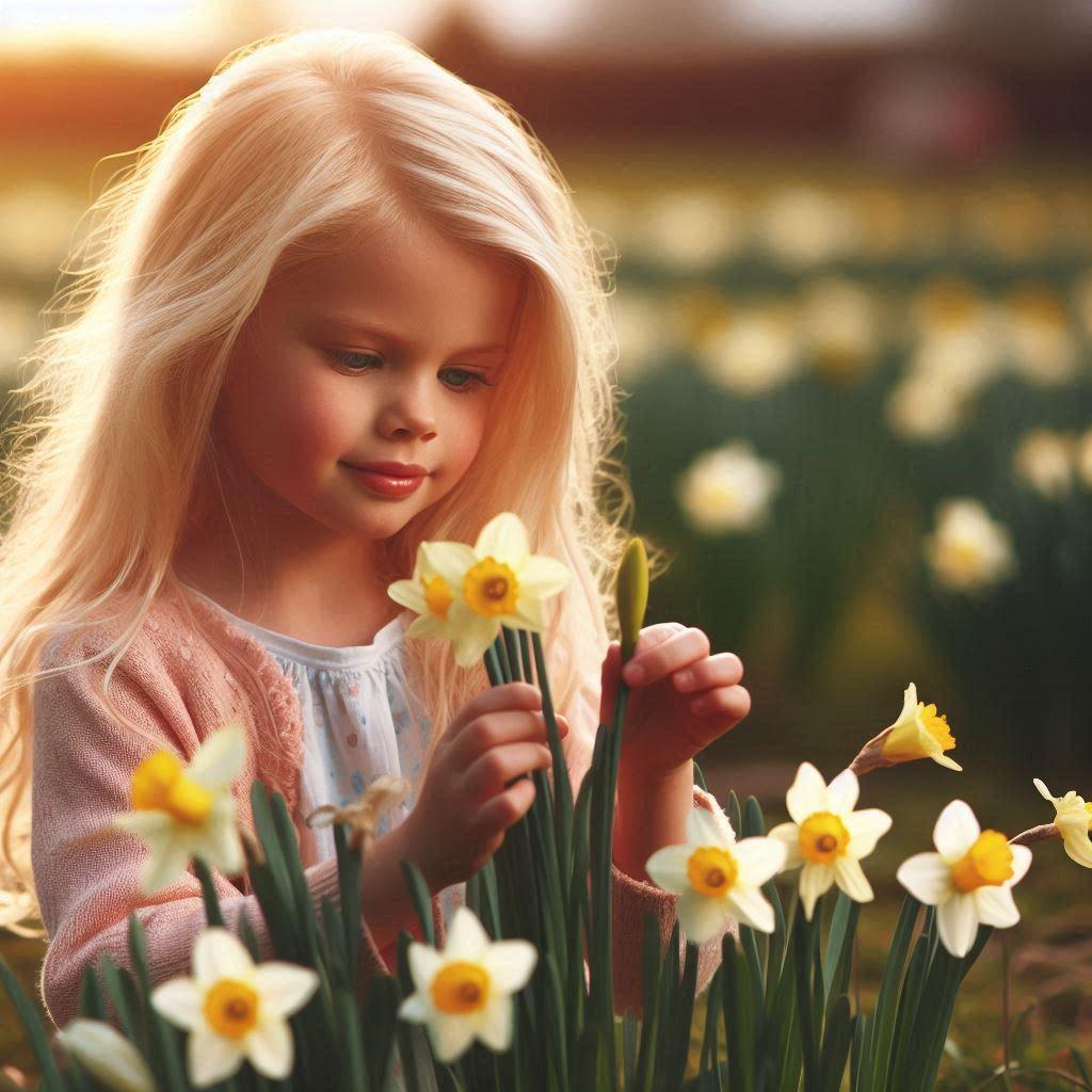 ai generated blond little girl with daffodils 